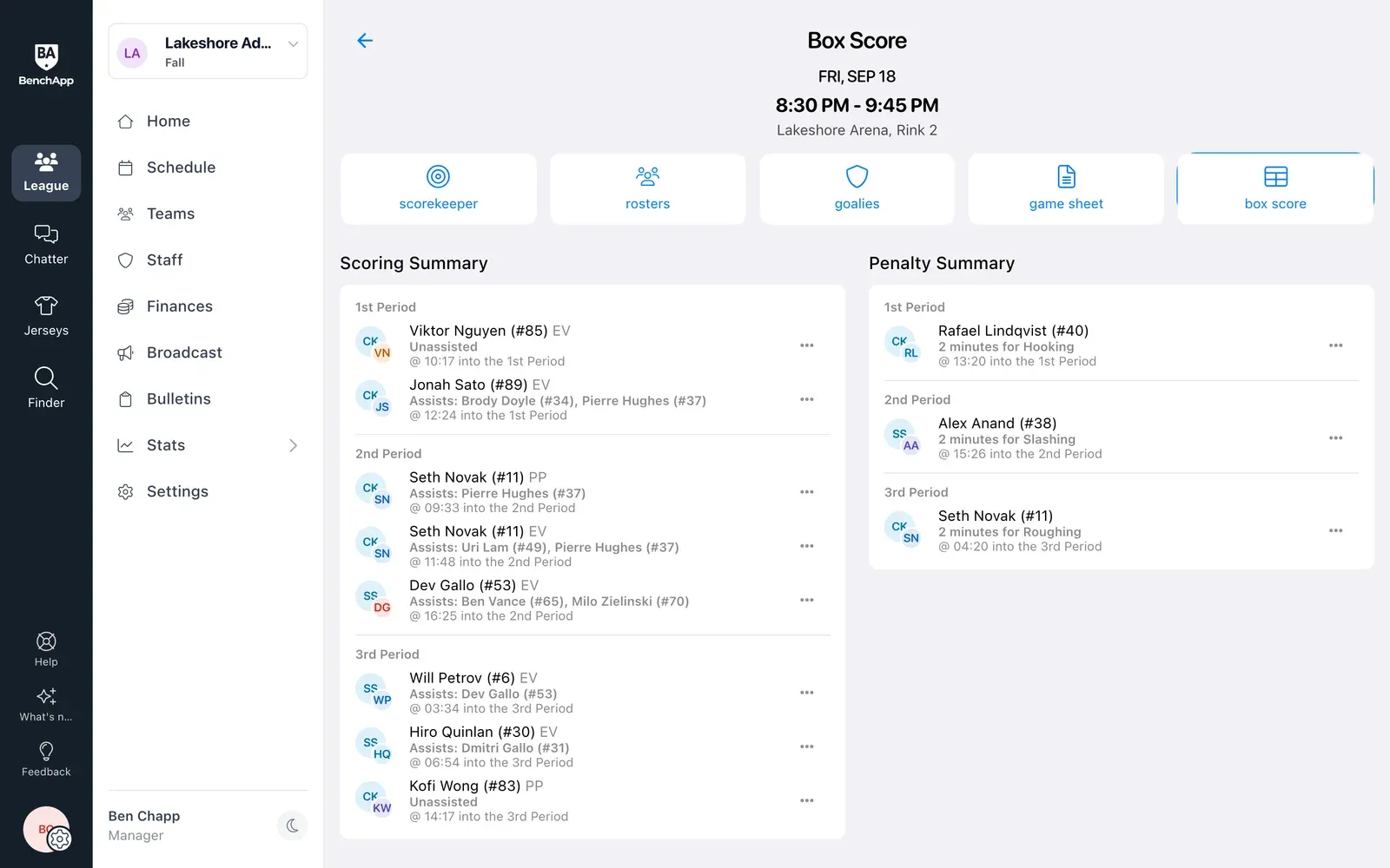 BenchApp on a computer: a box score with every goal, assist and penalty