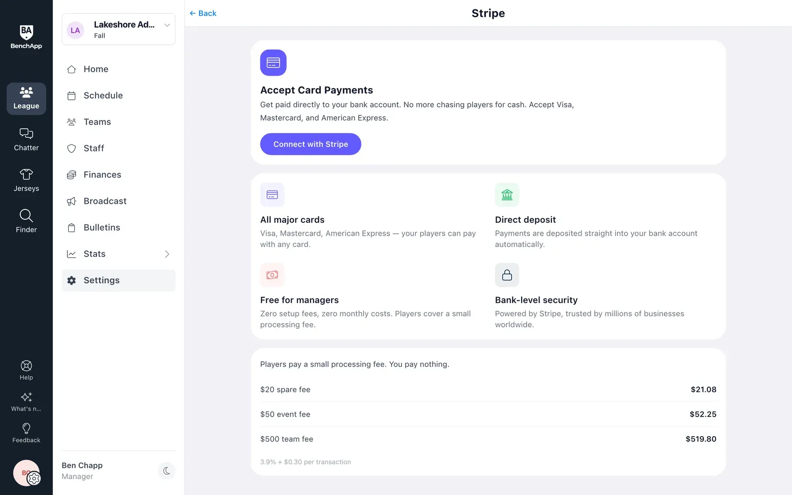 BenchApp on a computer: Accept Card Payments with the Connect with Stripe button