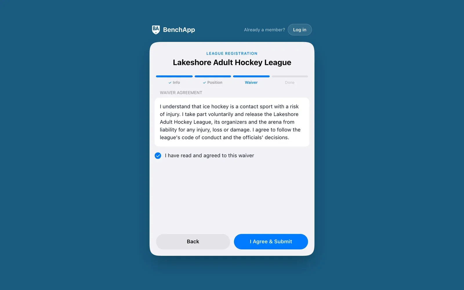 BenchApp on a computer: the waiver step with the agreement checkbox