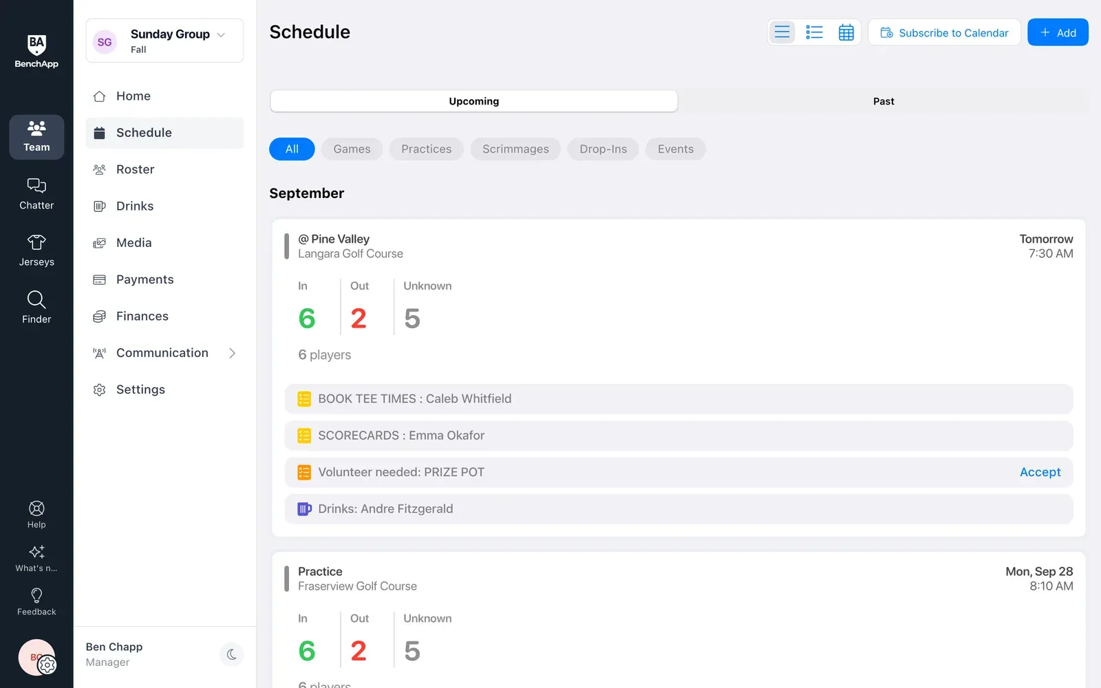 BenchApp on a computer: the team schedule with RSVP counts
