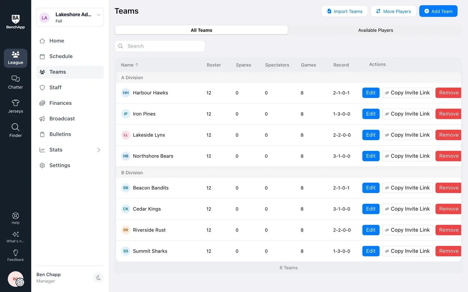 BenchApp on a computer: every team in the league by division, with rosters and records