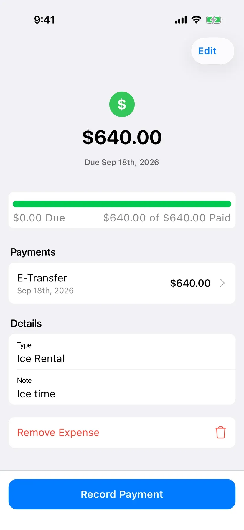 BenchApp on a phone: an expense with its payments and a Record Payment button