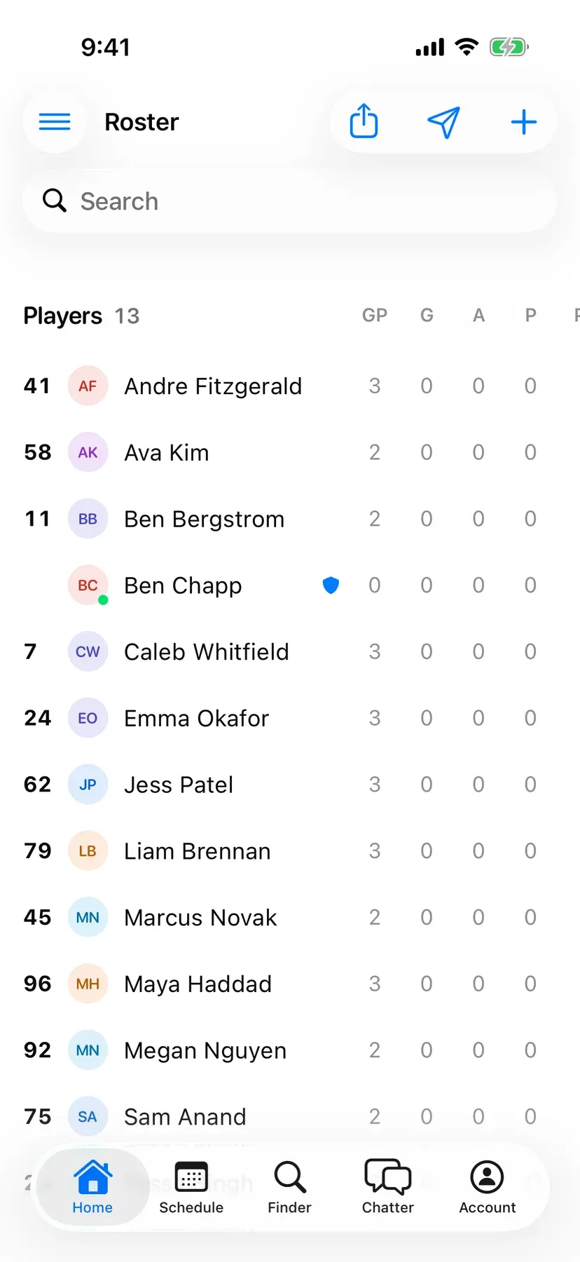 BenchApp roster screen listing the team's players