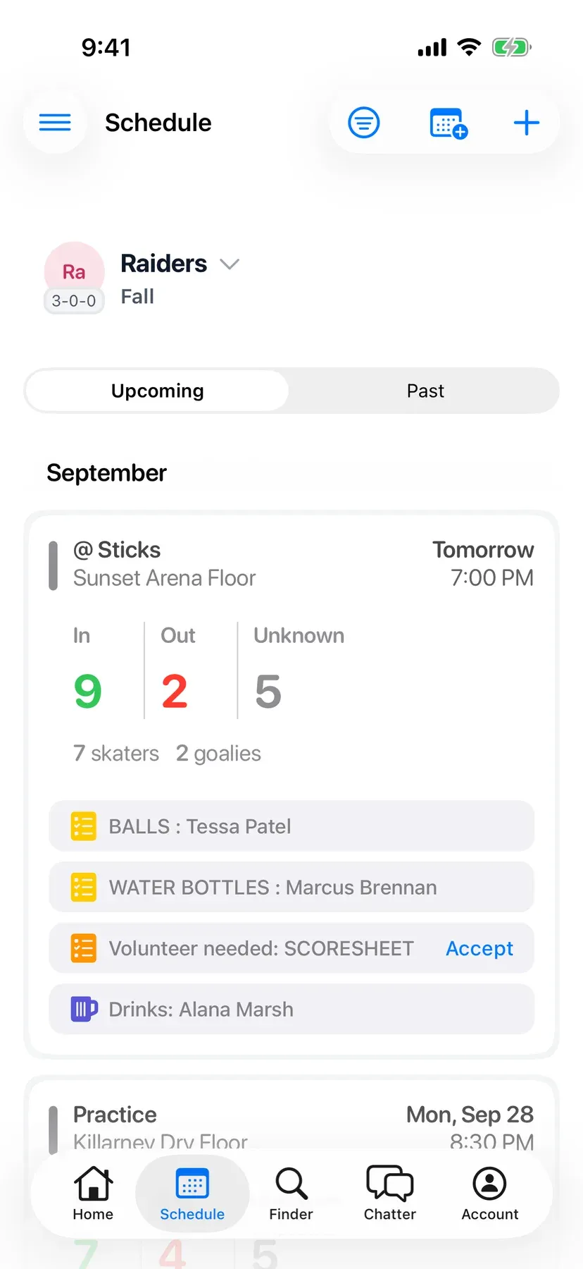 BenchApp schedule screen with upcoming games and RSVP counts